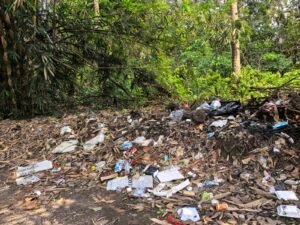Sampah mengotori lingkungan asri di Jalan Nusantara, Labuan Ratu. (Foto: Notis.co.id)